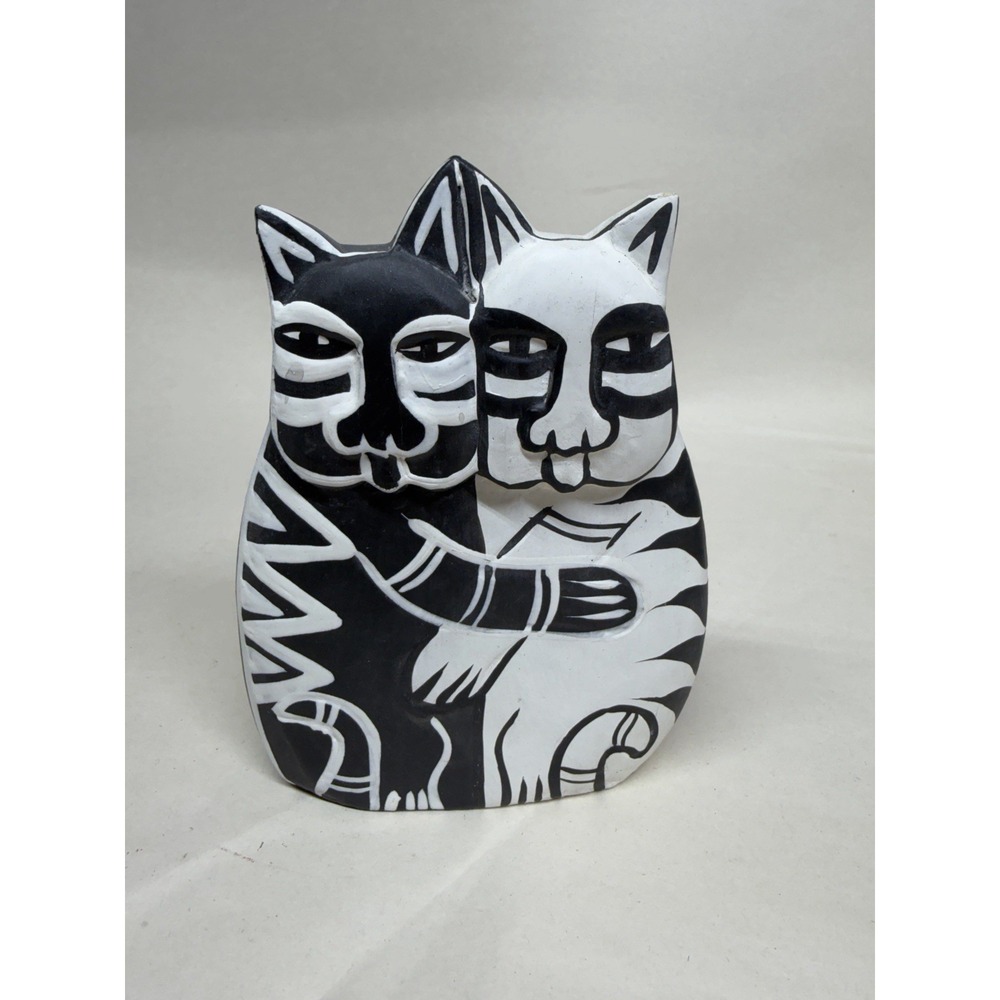 Vintage Hand Carved Wood Cats Figurine Hugging Couple Black White Folk Art 5"